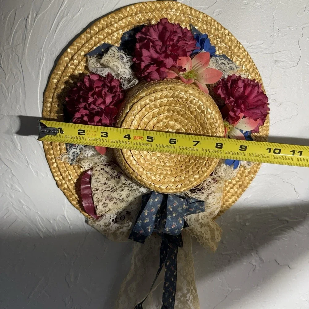 Vintage Handmade Straw Hat Wreath: Floral Door/Wall Decor Prairie Cottage Core